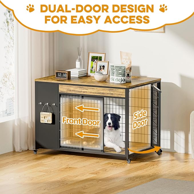 38" Dog Crate Furniture - Dog Crate with DIY Frame, Sliding Door Indoor Kennel, Wooden Dog Cage End Table, for Medium/Large Breed, Rustic Brown Size L