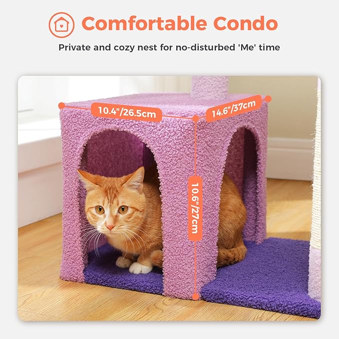 Cat Tree for Indoor Cats with Metal Frame Carpet Hammock, 32" Cute Cat Tower with Cozy Condo, Top Perch, Scratching Posts, and Replaceable Ball Toy, Pet Furniture for Small Cats & Kittens, Purple