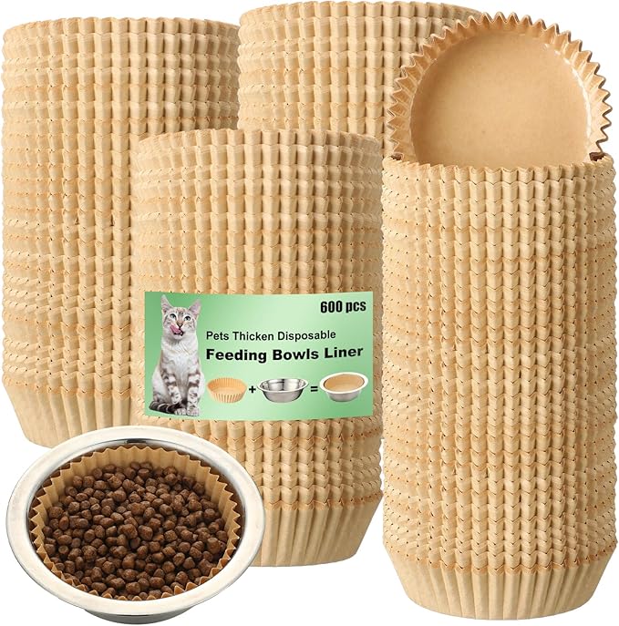 meekoo 600 Pcs Large Pet Disposable Feeding Bowls Liner Bulk Cat Food Bowls Small Paper Dish Paper Liner for Small Dogs Cats Dish Wet Food Feeding Station(Kraft Brown,Classic)
