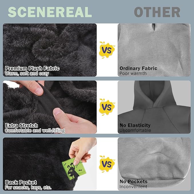 scenerael Dog Sweater Hoodie with Pocket & Leash Hole - Fuzzy Warm Girl/Boy Dog Clothes for Small/Medium/Large Dogs with Designer Cute Fall/Winter Styles