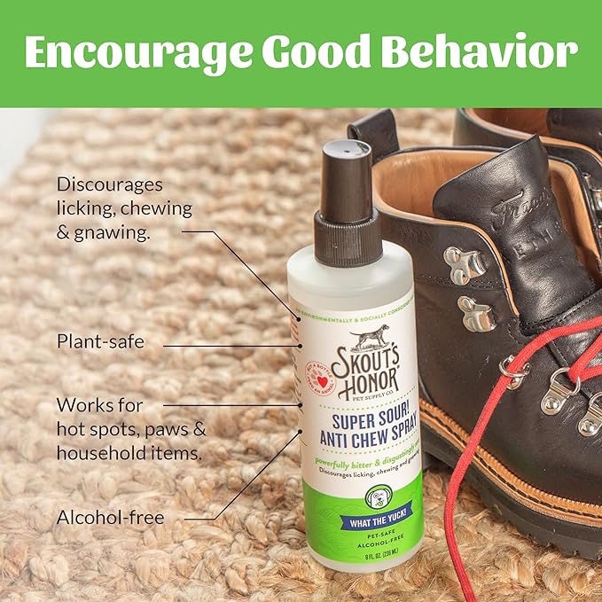 Skout's Honor Super Sour! Anti Chew Spray - Natural Ultra Bitter Formula to Help Deter That unwanted Chewing, Licking, and Biting - Safe for Pets - Safe for Indoor and Outdoor Use, 8 oz