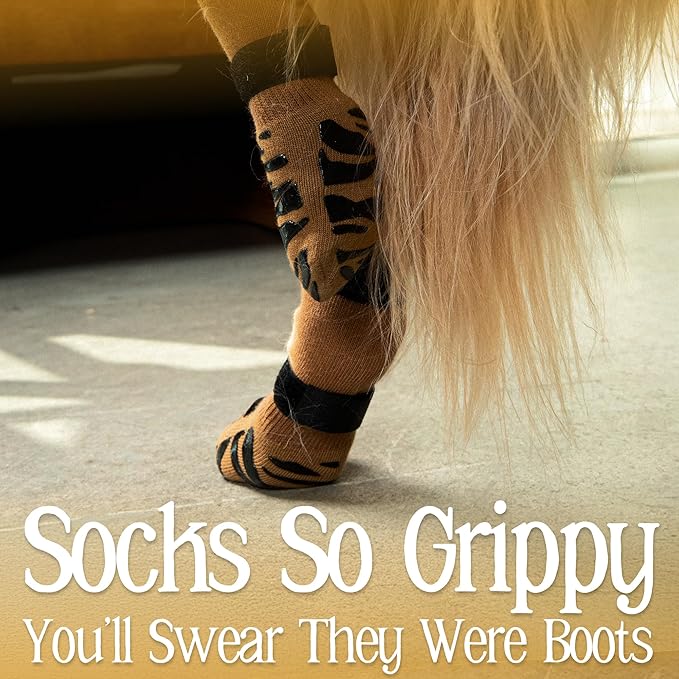 DOK TigerToes Premium Non-Slip Dog Socks for Hardwood Floors - Extra-Thick Grip That Works Even When Twisted - Prevents Licking, Slipping, and Great for Dog Paw Protection (Cool Caramel, Medium)