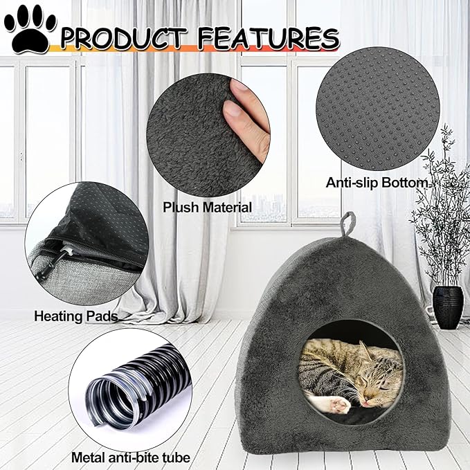 Heated Cat Bed Cave, Adjustable Temperature Heated Pet Bed Indoor with Timer, Cat Cave Bed Cat House with Washable Cushioned Pillow and Chew Resistant Cord Update for Indoor