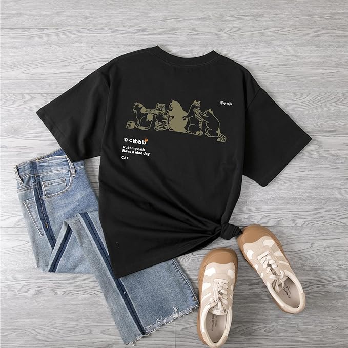 Cute Cat Graphic Tees for Women Harajuku Shirt Letter Printed Oversized T Shirts Aesthetic Casual Baggy Tshirts…