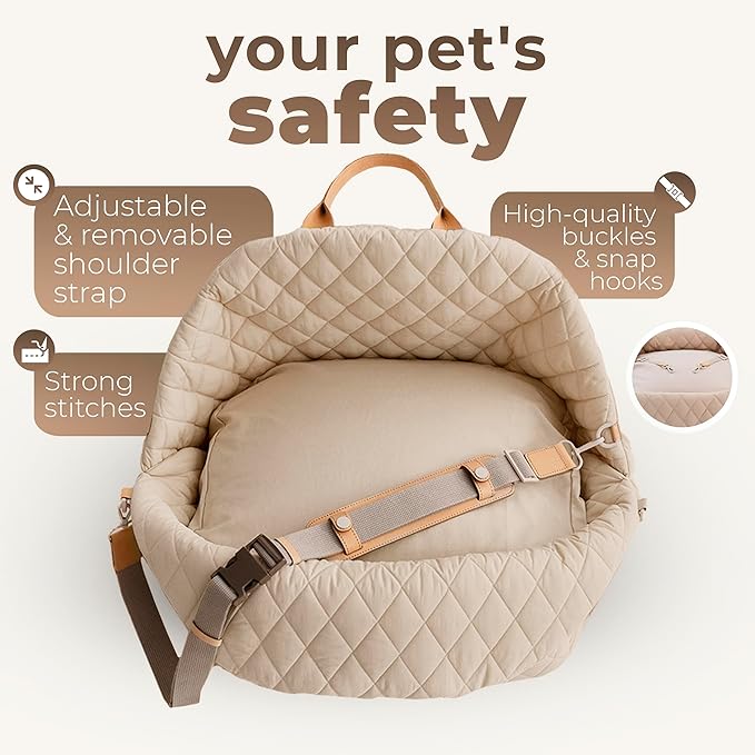 Dog Car Seat for Small Dogs – 3-in-1 Travel Carrier, Booster & Dog Bed for Car – Washable, Anti-Slip, Safety Straps – Fits Front & Back Seats – Cozy Pet Car Seat up to 25 lbs – Beige