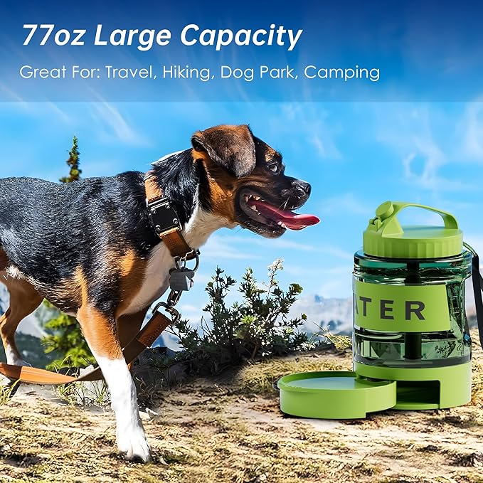 77oz Dog Water Dispenser, Camping Essentials, Large Travel Bottle with Pull-Out Drinking Bowl, Portable Beach Accessories, Car Water Container for Dogs, BPA Free
