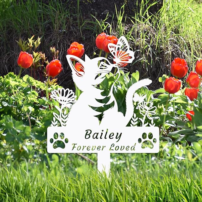 Custom Flower Cat Memorial Grave Marker Stake, Personalized Pet Grave Marker Metal Engraved Sign Butterfly Cat Memorial Garden Stake, Customized Name Cat Remembrance Stake Cat Memorial Gift