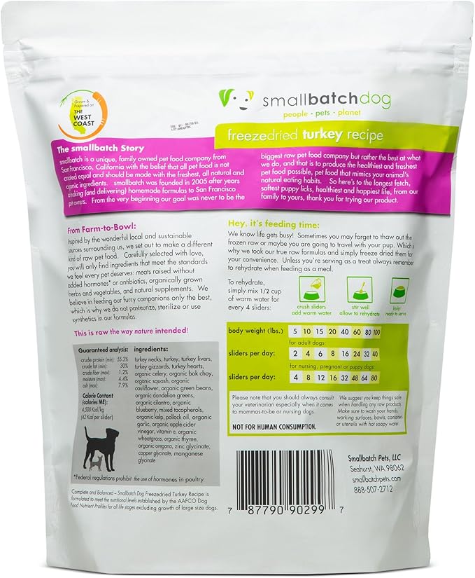 smallbatch Pets Freeze Dried Raw Dog Food, Turkey Recipe, 25 oz, Organic High Protein Dog Food, Grain Free, Made in The USA, Humanely Raised Meat, Single Protein, for Picky Eaters, Hydrate & Serve