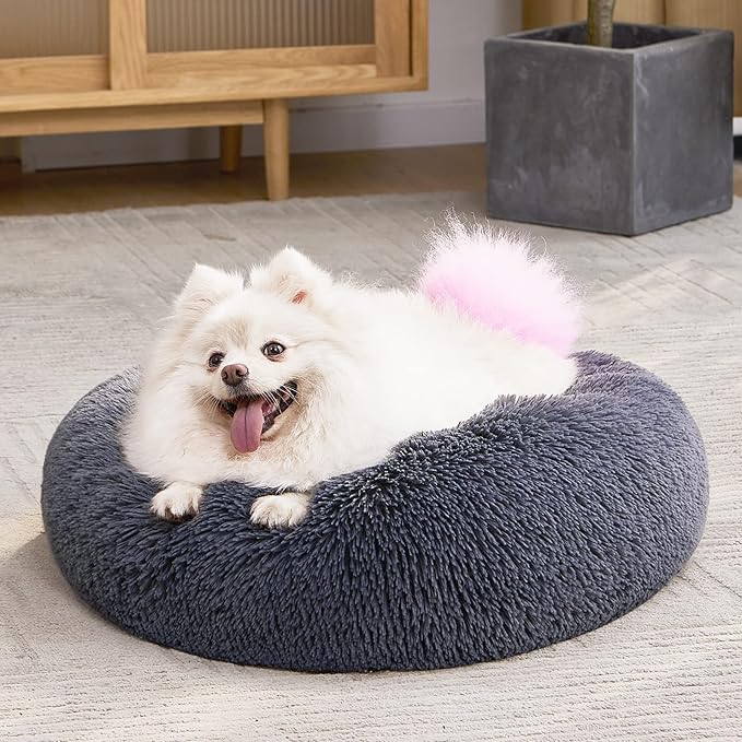 MIXJOY Calming Cat Beds for Indoor Cats, 20'' Kitten Donut Beds for Pet Up to 15lbs, Fluffy Small Cat Cuddler, Anti-Anxiety Plush Faux Fur Large Pet Bed Washable (20'', Grey-Blue)