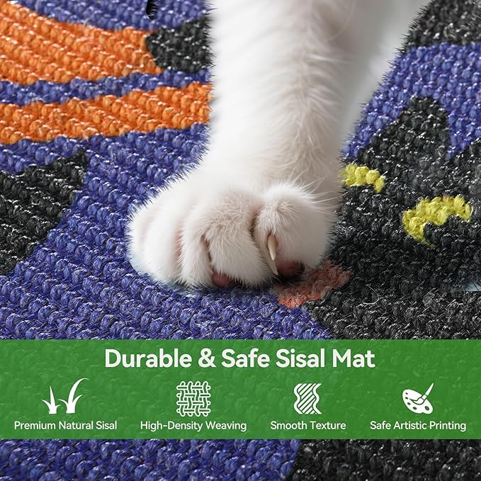 3-in-1 Sisal Cat Scratcher Mat 23.6x15.7'' Protects Carpet Couch & Furniture with Sticker Tape, Floor & Wall Cat Scratching Pad, Anti-Slip, Durable for Indoor Outdoor Cats (Royal Purple)