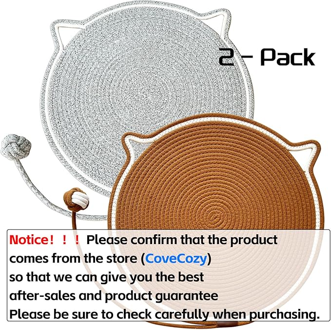 Cat Scratching Mat Natural Cotton Rope Cat Scratching Pad, Large Size Scratcher Mat with Toy (2 Packs 19.6'') (Grey + Brown)