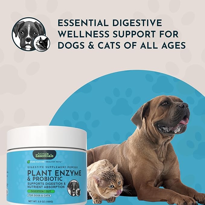 Animal Essentials Plant Enzyme & Probiotics for Dogs & Cats - Digestive Enzymes for Dogs, Probiotic Powder, Digestive Supplement, No Preservatives, Veterinarian Recommended - 3.5 Oz