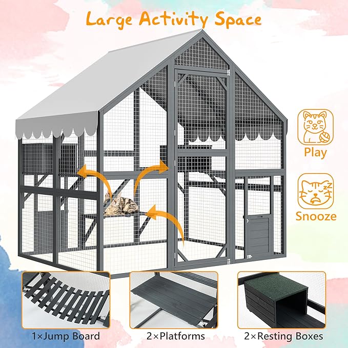28ft² Large Outdoor Cat House, Luxury Wooden Walk-in Catio Enclosure with 2 Doors & 2 Hiding Houses, Escape-Proof Locks + Waterproof Roof - Customizable Multi-Cat Playpen (Gray)