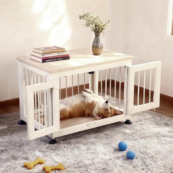26 Inch Dog Crate Furniture, Heavy Duty Dog Crate for Small Dogs, Indestructible Cage for High Anxiety Dogs with Wooden Table for Indoor Decorative, Escape-Proof Locks & Double Door Cage