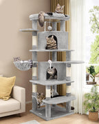 Globlazer Corner Cat Tree for Large Cats, 66inch Tall Curved Series Large Cat Tower for Multiple Indoor Cats with 6 Scratching Posts, 2 Spacious Cat Condos, Hammock, Hanging Basket, C66, Light Grey
