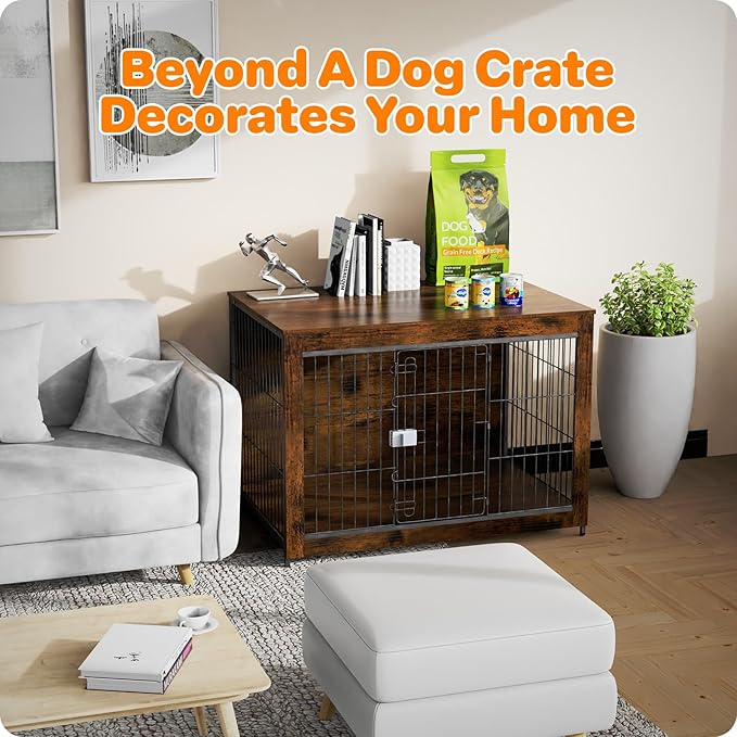 Dog Crate Furniture, Wooden Dog Crate 38in, Decorative Cage with End Table for Dog Indoor Kennel, High Anxiety Dog, Escape-Proof Locks for All Breeds