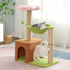 Flower Cat Tree 34 Inches Scratching Post Small Cat Tower for Large Cats, with 15.7”Large Hammock, Removable Top Bed and Wide Condo for Indoor Cats-Forest Brown