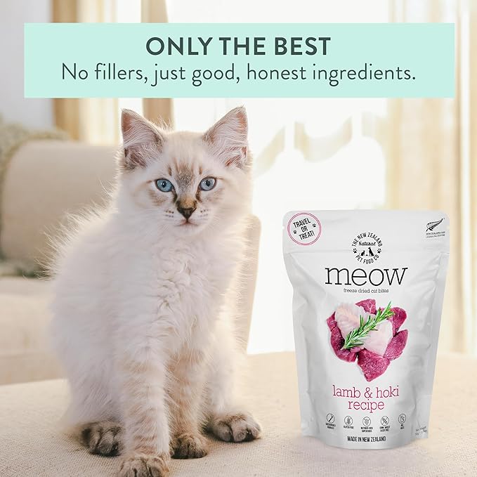 The New Zealand Natural Pet Food Co Meow Freeze Dried Cat Food - Lamb & Hoki Recipe, High Protein Treats, Meals & Toppers, Dry Cat Food,1.76 oz