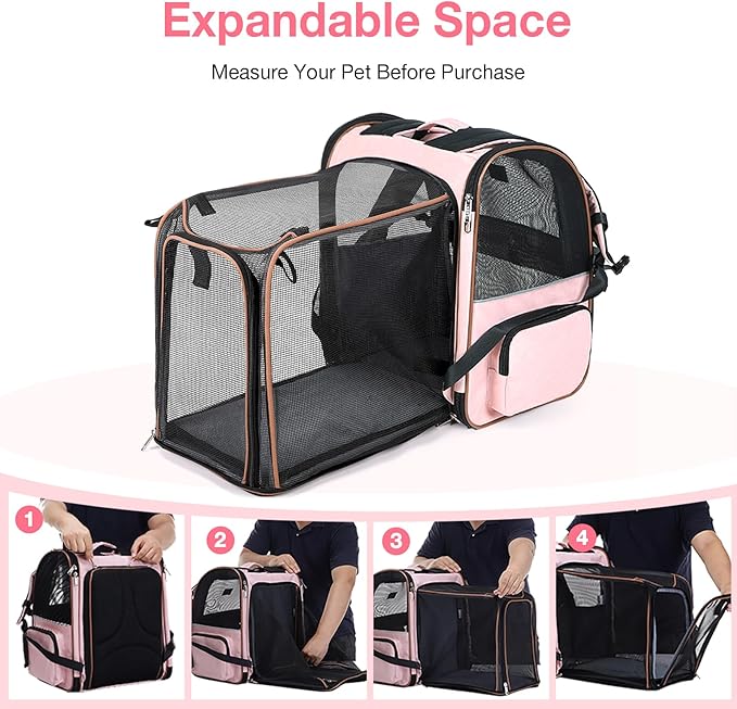 Lekebobor Large Cat Backpack Carrier Expandable Foldable Pet Carrier Backpack for Small Dogs Puppy Medium Cats Fit Up to 18 Lbs for Travel, Hiking,Pink