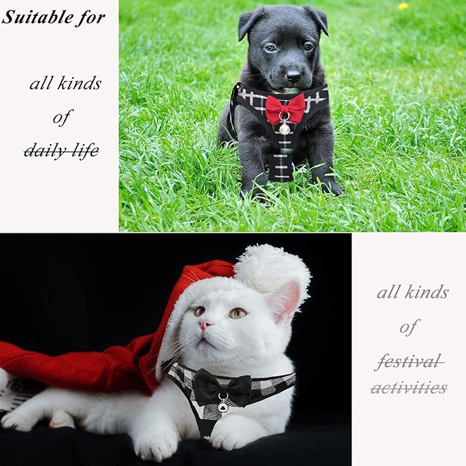 Cat Leashes and Harnesses for Walking,Breathable Soft Kittens Vest for Cats Dogs, Kitten Harness Escape Proof with Bell and Bow-Knot Decoration Christmas(XXS, Black-White)