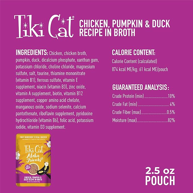 Tiki Cat Aloha Friends, Chicken, Pumpkin & Duck, Grain-Free & High Moisture, Wet Cat Food for All Life Stages 2.5 oz. Pouch (12 Count)