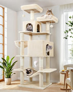 Globlazer Cat Tree Tower, 76-Inch Extra Tall Multi-Level Cat Furniture with Cozy Condos, Hammock and Perches for Adult Cats, Perfect for Climbing, Scratching, and Play, F76, Beige