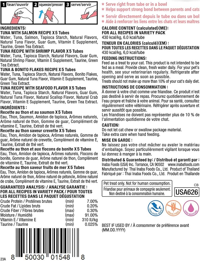 INABA Churu Cat Treats, Grain-Free, Lickable, Squeezable Creamy Purée Cat Treat/Topper with Vitamin E & Taurine, 0.5 Ounces Each Tube, 20 Tubes, Seafood Variety Box