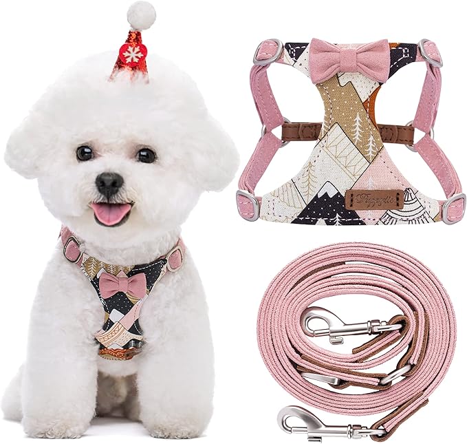 Puppytie No Pull Small Dog Harness with Multifunction Dog Leash,Lightweight Soft Adjustable No Choke Escape Proof Pet Harness Vest Pet Harness Vest,Suede Bow Pink,S