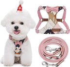 Puppytie No Pull Small Dog Harness with Multifunction Dog Leash,Lightweight Soft Adjustable No Choke Escape Proof Pet Harness Vest Pet Harness Vest,Suede Bow Pink,S