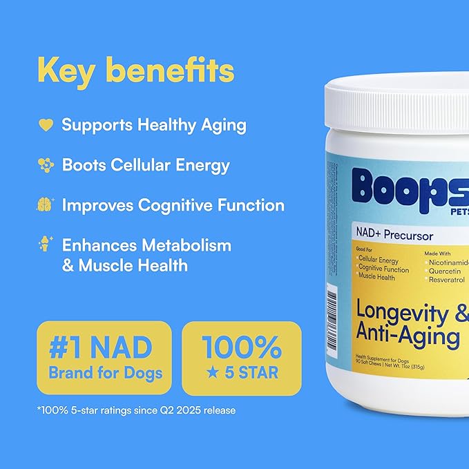 NAD+ Precursor & Senior Dog Supplement - 90 Soft Chews & Vitamins - NMN Alternative for Longevity, Anti-Aging & Energy - Nicotinamide Riboside, Resveratrol, Quercetin, Made with Pasture-Raised Chicken