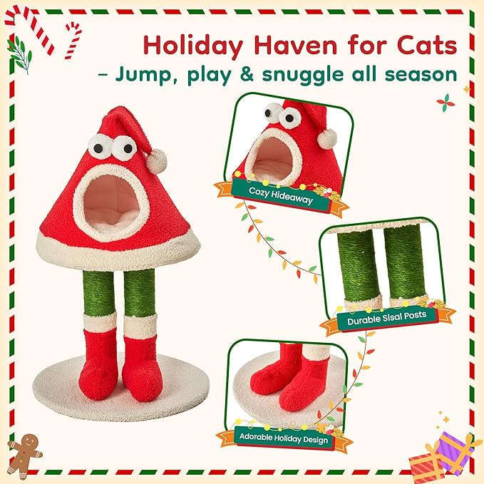 Christmas Cat Tree Tower for Indoor Cats Cute Santa Hat Design with Scratching Posts & Cozy Cat Bed, Small to Large Cat Tower, Red