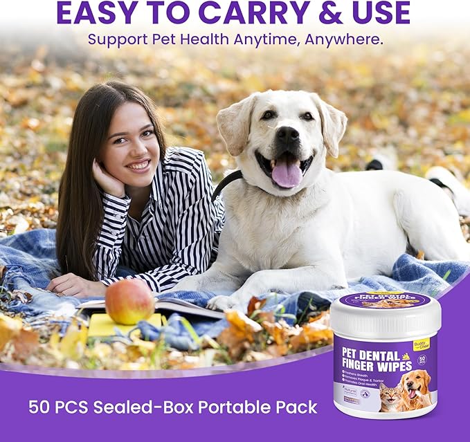 No-Rinse Dog Dental Care Wipes, Cat & Dog tooth brushing kit, Dog Wipes for Pet & Cat Teeth Cleaning, Dog toothbrush Finger Dental Wipes to Remove Plaque & Tartar, Disposable Dog Wipes - 50 Count