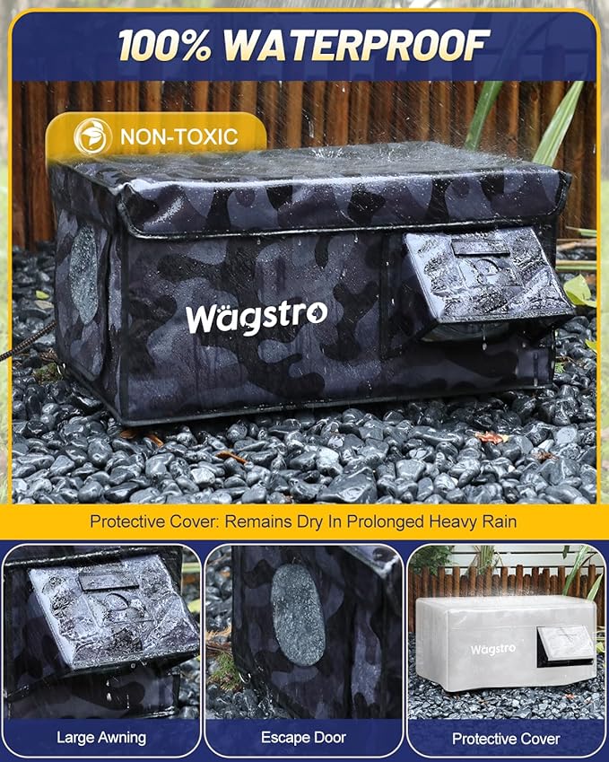 Heated Cat House for Outside, Waterproof Awning & Escape Door Heated Cat Houses for Indoor/Outdoor Cats in Winter, Elevated & Insulated Outdoor Cat Shelter for Feral Cat(Black Camo, 25"x16"x12")