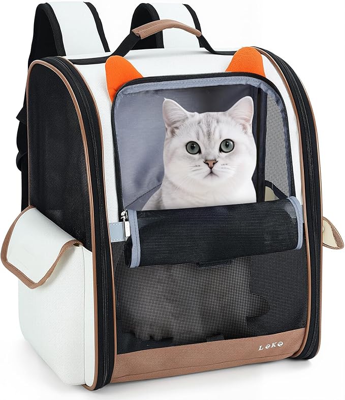 Lekereise Cat Backpack Carrier, Pet Carrier Backpack for Small Dogs Medium Cats Fit Up to 18 Lbs, Dogs Foldable Backpack Carrier for Travel, Hiking, Beige-Orange Ears