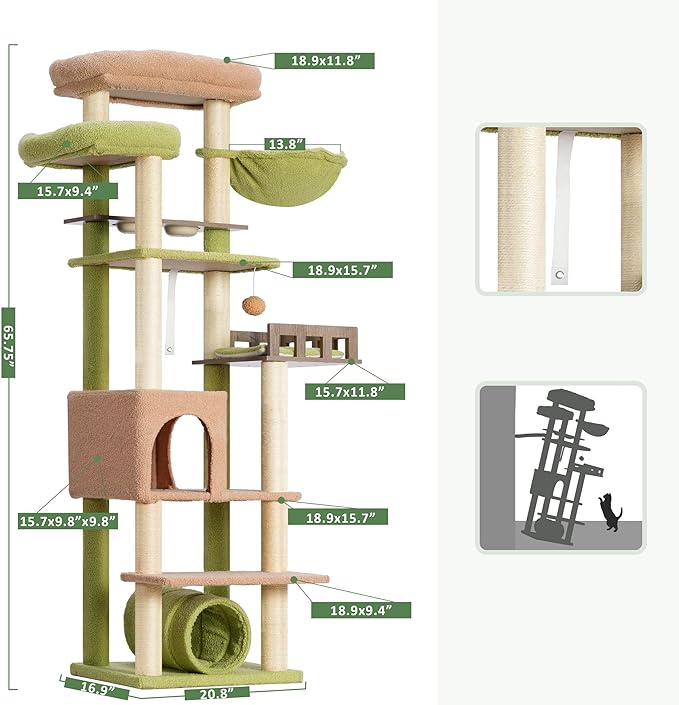 Cat Tree with Tunnel, Cat Tower for Indoor Cats, Tall Cactus Cat Tree Tower with Cat Condo, Food Station, Large Platform, Scratching Posts, Hammock, Green and Yellow GCT021GY