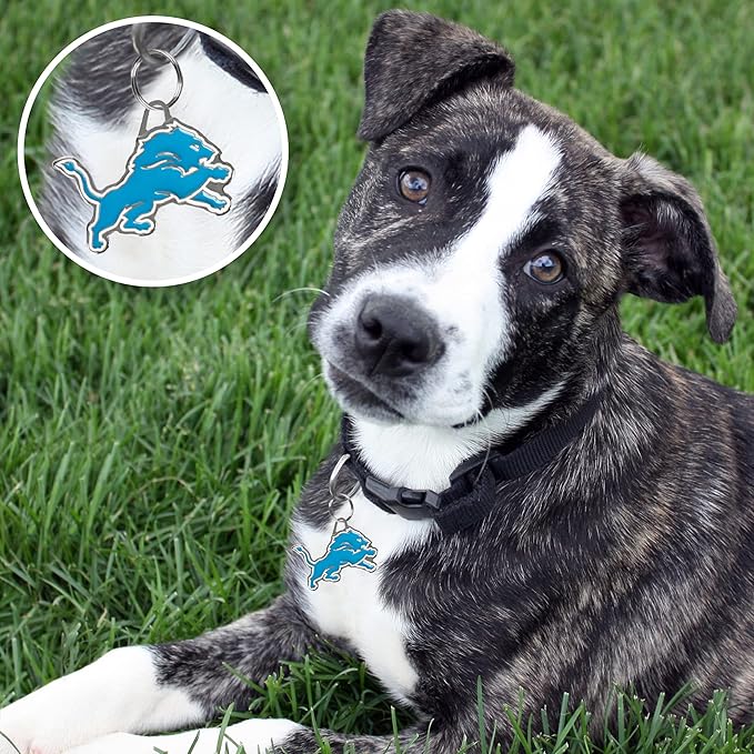 NFL Detroit Lions Engraving Pet ID Tags in 32 Team Logo Shapes Personalized Dog Tags and Cat Tags with 3 Lines of Customizable Text for Tracking & Safety. Stainless Steel Pet ID Tracking Tags