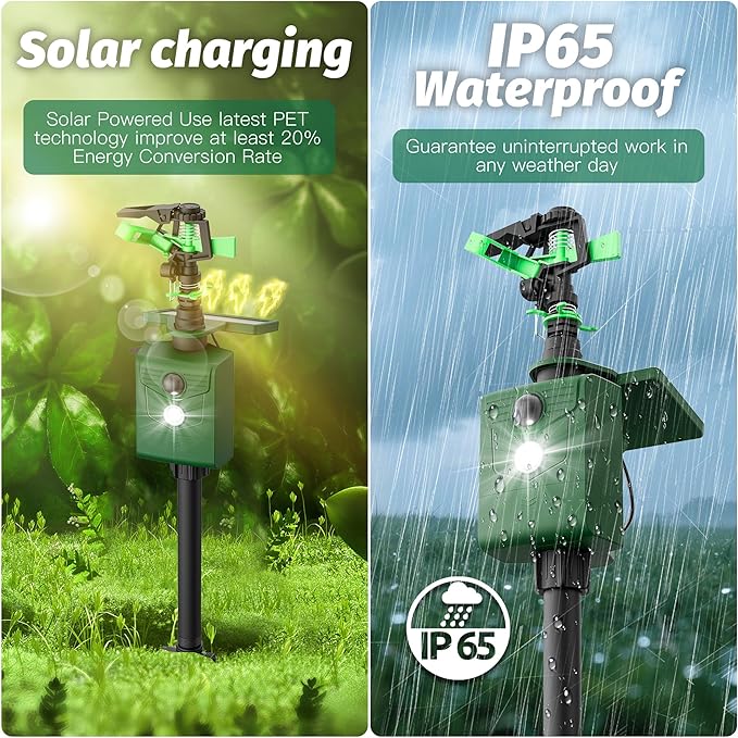 Motion Activated Sprinkler Deer Repellent Devices with Flashing Light, Solar Powerd Cat Repellent Outdoor with Motion Sensor - Keep Rabbits Shunks Dog Raccoons Birds Away from Lawn and Garden