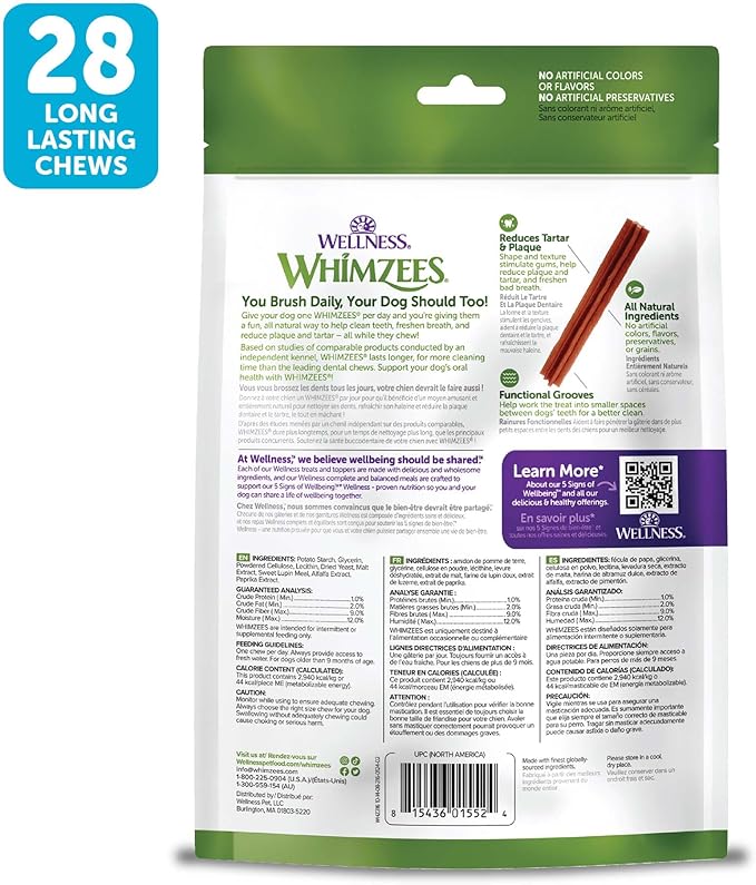 Whimzees Wellness Stix Dog Dental Treats, Natural Chews, Small Size Stick, (28 Count)