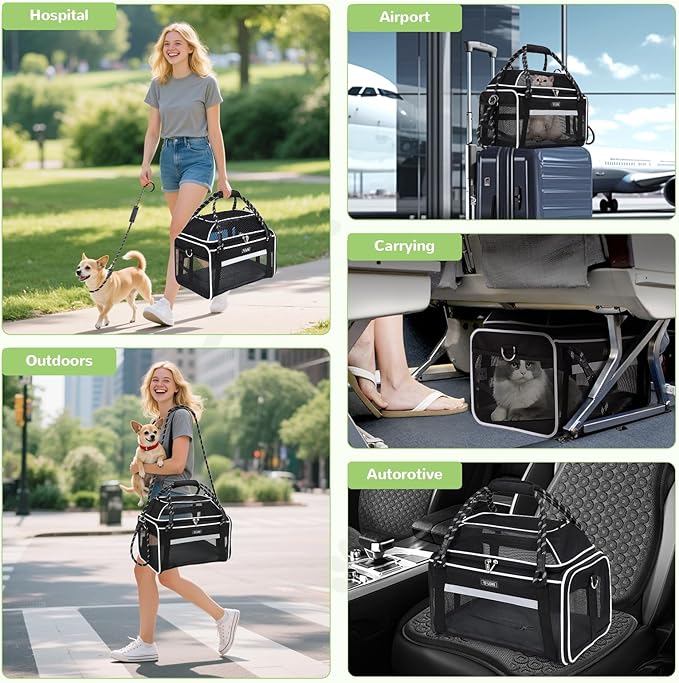 Lekereise Top Expandable Pet Carrier TSA Airline Approved Soft Sided Underseat Up to 15lbs Travel Carriers for Small Cats and Dogs with Convertable Dog Leash and Anti-Scratch Mesh