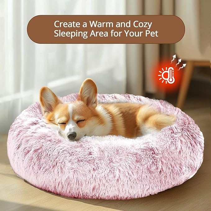 JOLLYVOGUE Calming Dog & Cat Bed for Small Dogs, Anti-Anxiety Donut Cuddler Cozy Soft Round Bed with Anti-Slip Bottom, Fluffy Faux Fur Plush Cushion Beds for Small Medium Dogs, 20"/Smoke Pink