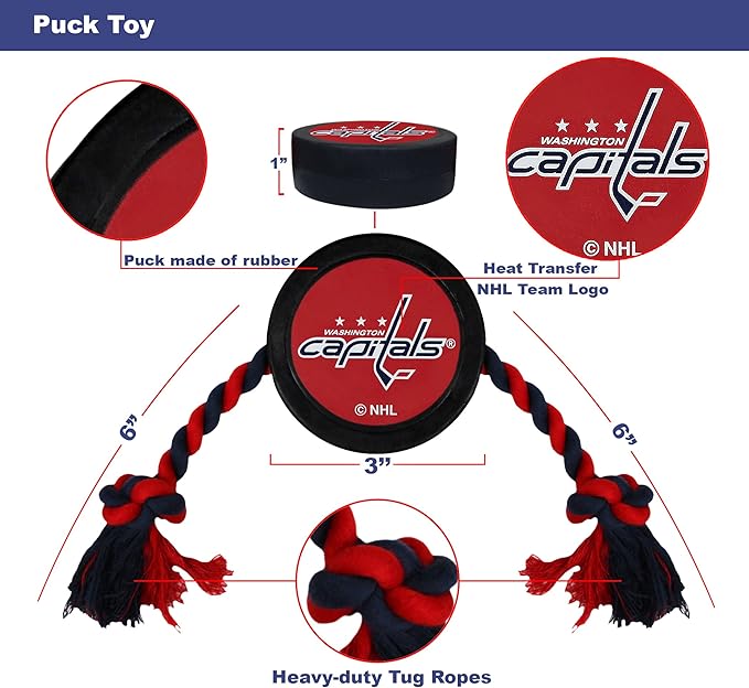 Pets First Tough Rubber Dog & Cat Puck Toy - NHL Washington Capitals Heavy-Duty Rope Tug for Dogs & Cats