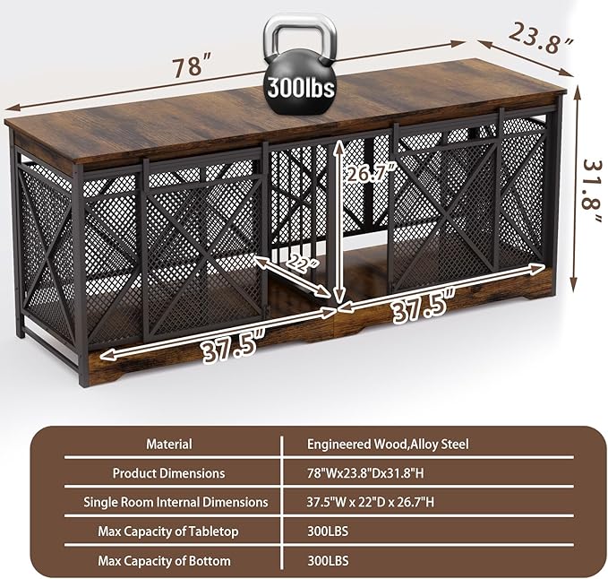 COZPAW 78 Inch Double Dog Crate Furniture, Extra Large Dog Kennel Indoor for 2 Dogs, Heavy-Duty Dog Cage with Divider, Wooden Dog House Decorative Table & Chew-Resistant Steel (Caramel Brown)