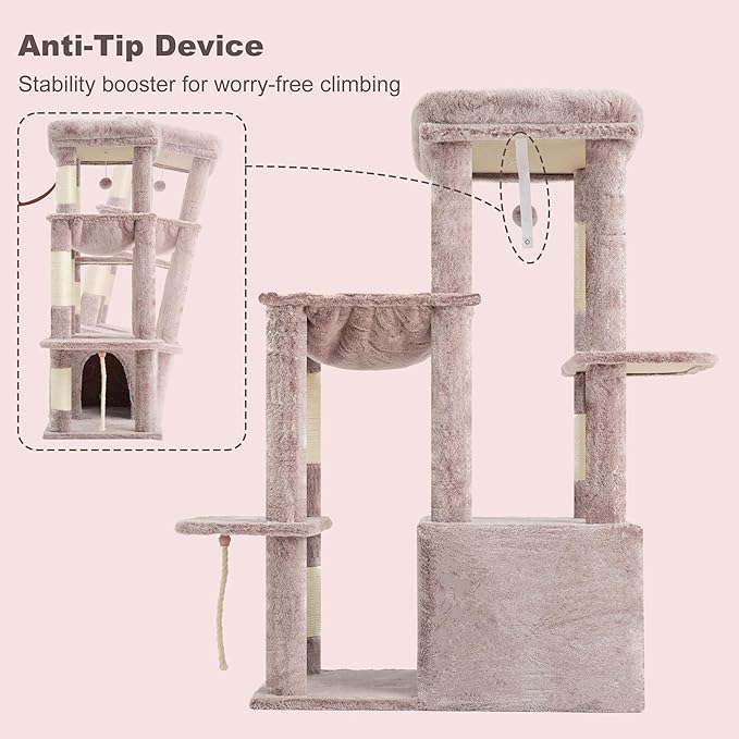 Heybly Heavy Duty Cat Tree, Tower for Indoor Cats Large Adult, Tall Cat Condo House with Extra-Large Baseboard, Multi-Level Plush Furniture with Scratching Posts, Hammock, Toy Ball, Muchroom HCT026MU