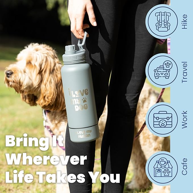 Dog Water Bottle for Dog Lovers - 32 oz Stainless Steel Double Wall Insulated Water Bottle with 8 oz Detachable Bowl on Bottom- Ideal Doggy Lover Gift for Hiking, Walking, Travel - “Love Smoky Grey