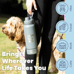 Dog Water Bottle for Dog Lovers - 32 oz Stainless Steel Double Wall Insulated Water Bottle with 8 oz Detachable Bowl on Bottom- Ideal Doggy Lover Gift for Hiking, Walking, Travel - “Love Smoky Grey