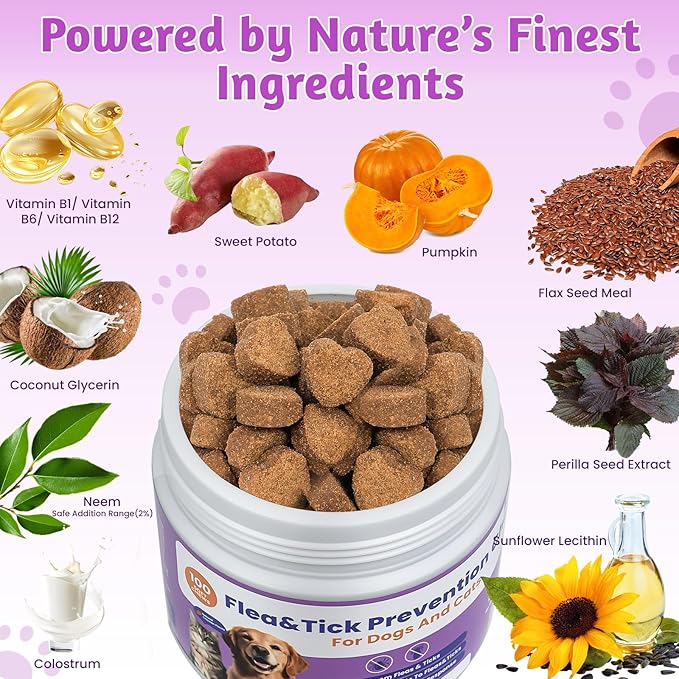 VUN Flea and Tick Prevention for Dogs,Natural Oral Flea Tick chewable for Dog,Relieve Itching, Scratching & Biting,Cats Flea Tick Chews Supplement with Colostrum,Vitamin-for Small Large Dog,100 Counts
