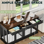 Dog Crate Furniture, 63 Inch Kennel Cage Furniture Large Breed with 3 Drawers, Wooden Double Dog Crate Furniture Table for 2 Dogs, Crates for Large Dogs Furniture - Black