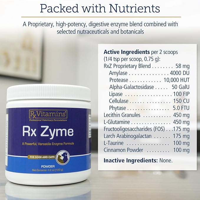 Rx Vitamins Rx Zyme Powder - Digestive Enzymes for Dogs & Cats - Anti Diarrhea for Dogs, Cat Constipation Relief, Anti-Bloating - Cat Digestive Support and Dog Gut Health - 120g