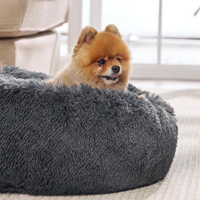 Bedsure Calming Dog Bed for Small Medium Dogs - Donut Washable Medium Pet Bed, 27 inches Anti-Slip Round Fluffy Plush Faux Fur Cat Bed, Dark Grey