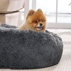 Bedsure Calming Dog Bed for Small Medium Dogs - Donut Washable Medium Pet Bed, 27 inches Anti-Slip Round Fluffy Plush Faux Fur Cat Bed, Dark Grey